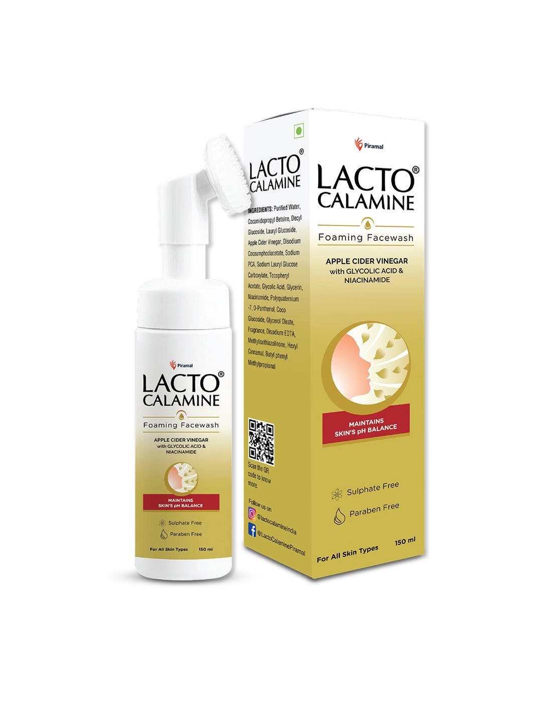 Lacto Calamine Apple Cider Vinegar Foaming Face Wash with Built-In Foaming Brush - 150ml