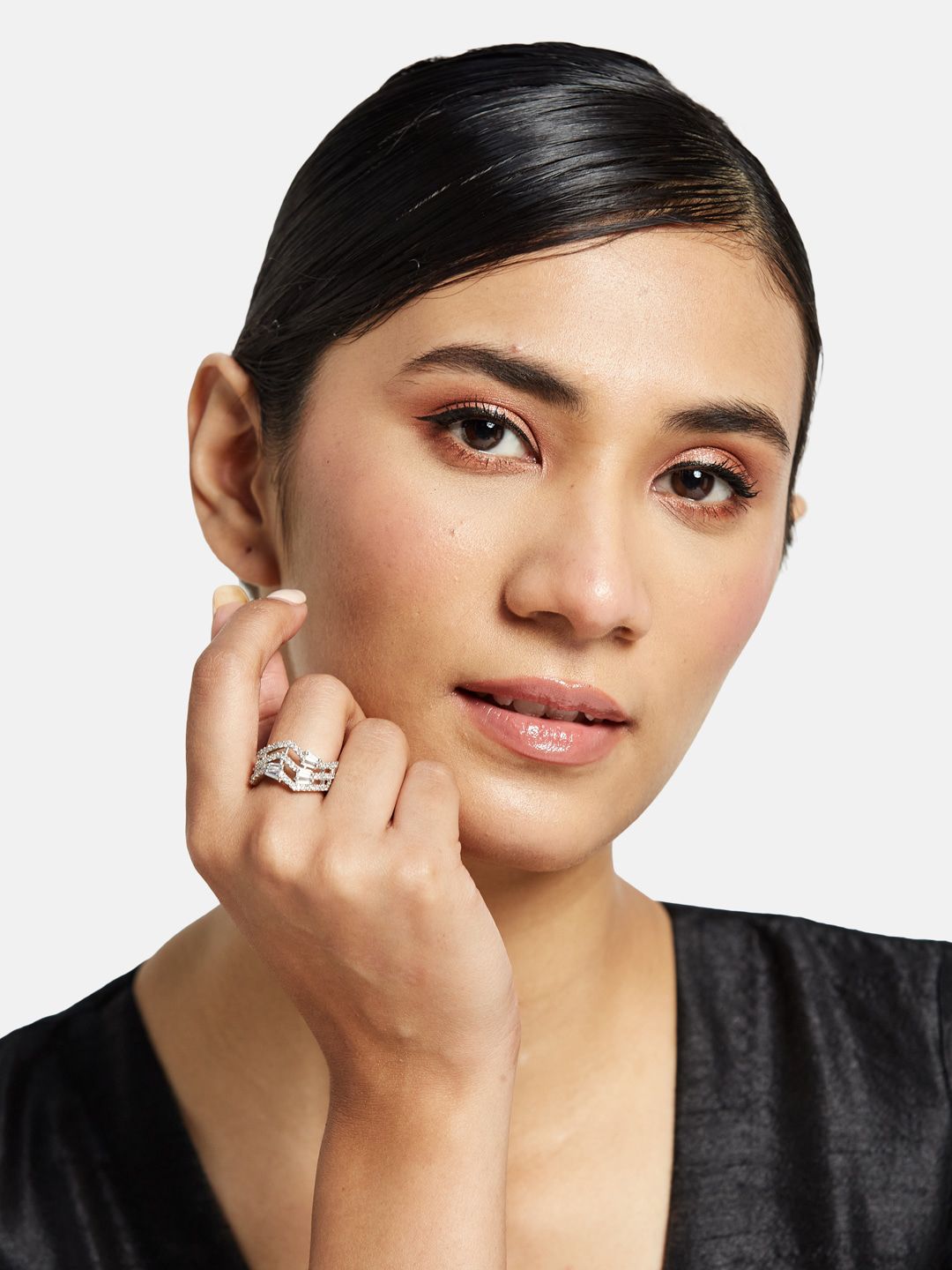 ATIBELLE Set Of 2 Rhodium Plated CZ Studded Adjustable Finger Ring