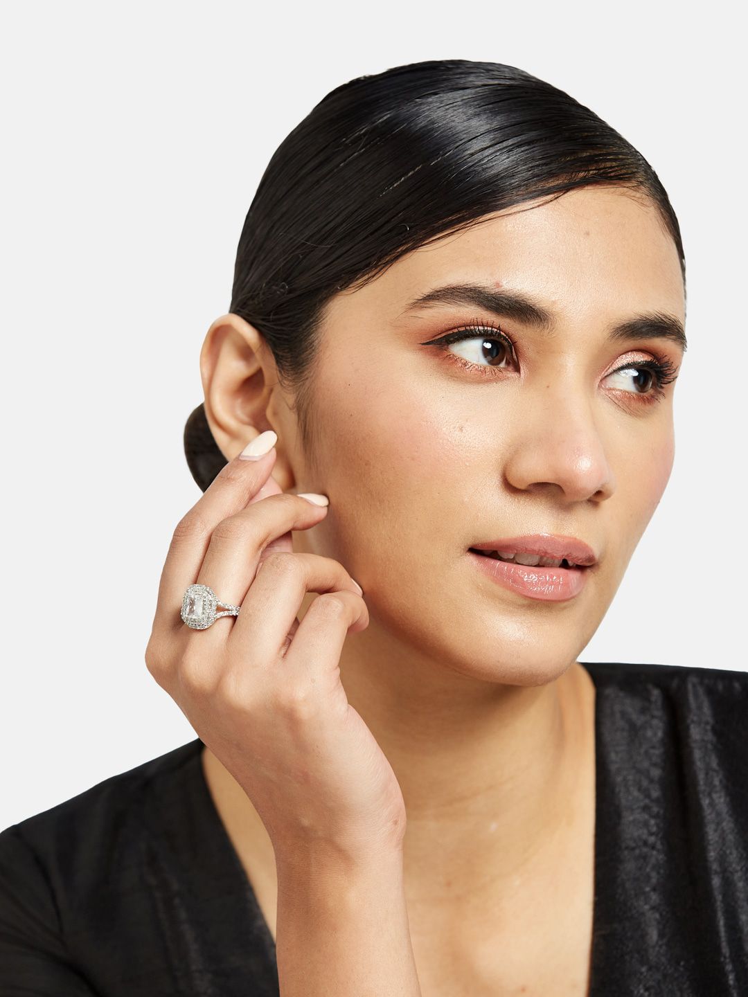 ATIBELLE Set Of 2 Rhodium Plated CZ Studded Adjustable Finger Ring