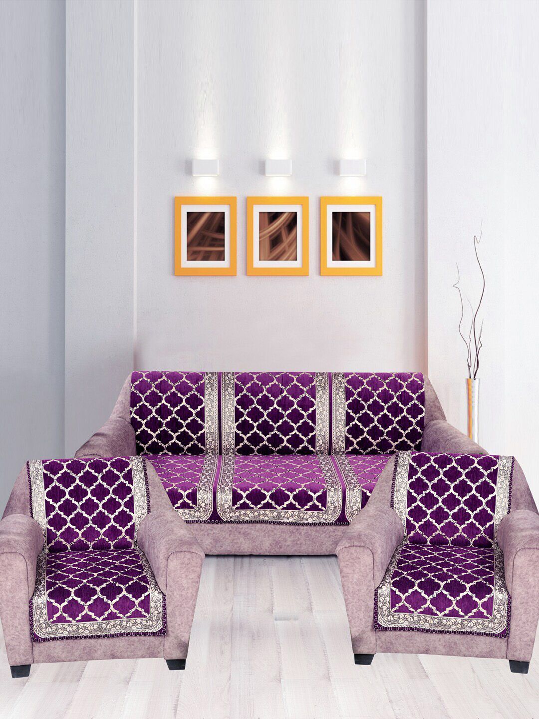 Nendle Purple Damask Printed Velvet 5 Seater Sofa Covers-image-4