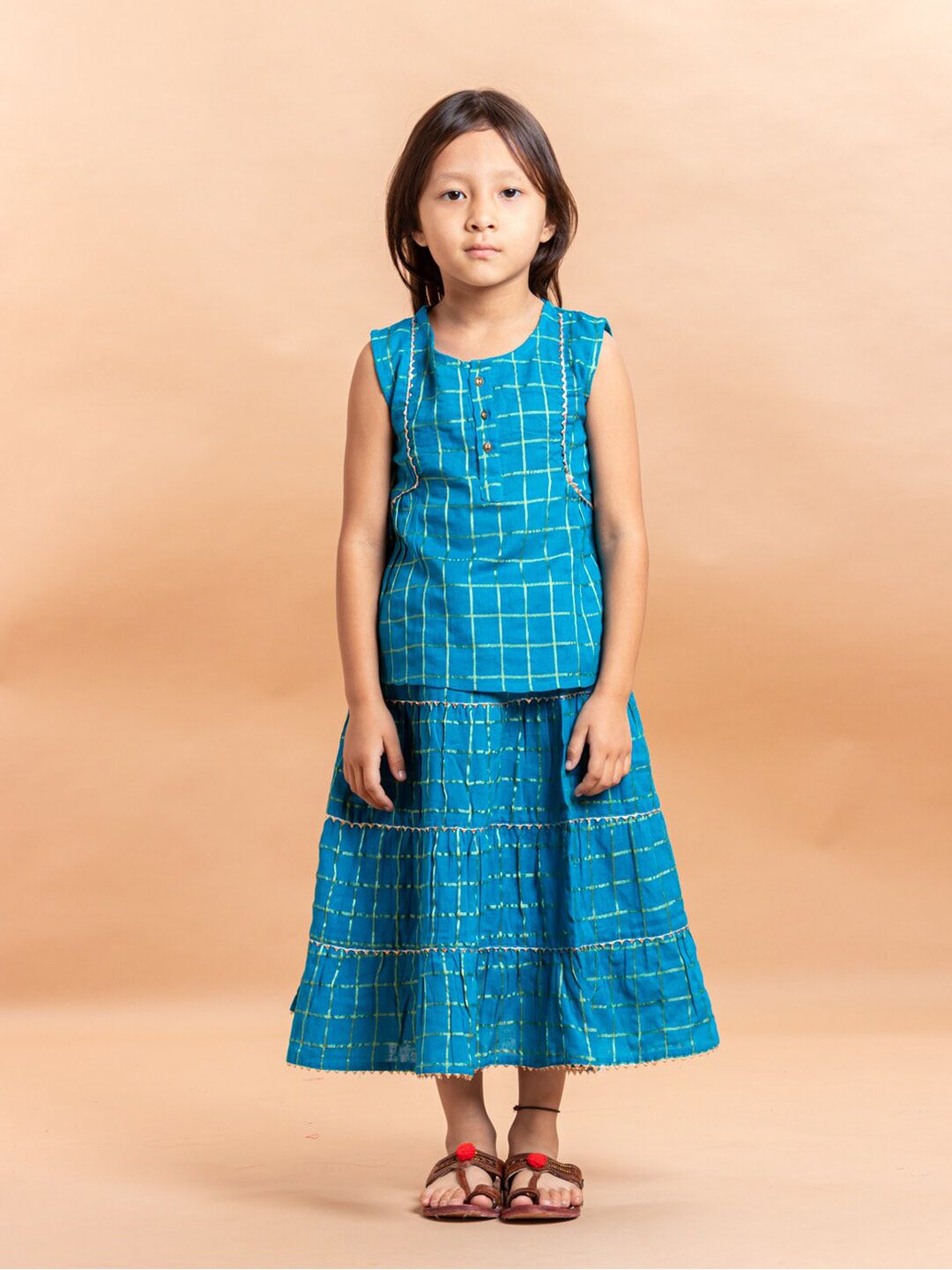 Sangria Girls Turquoise Blue Checked Pure Cotton Lehenga With Choli-picture-14