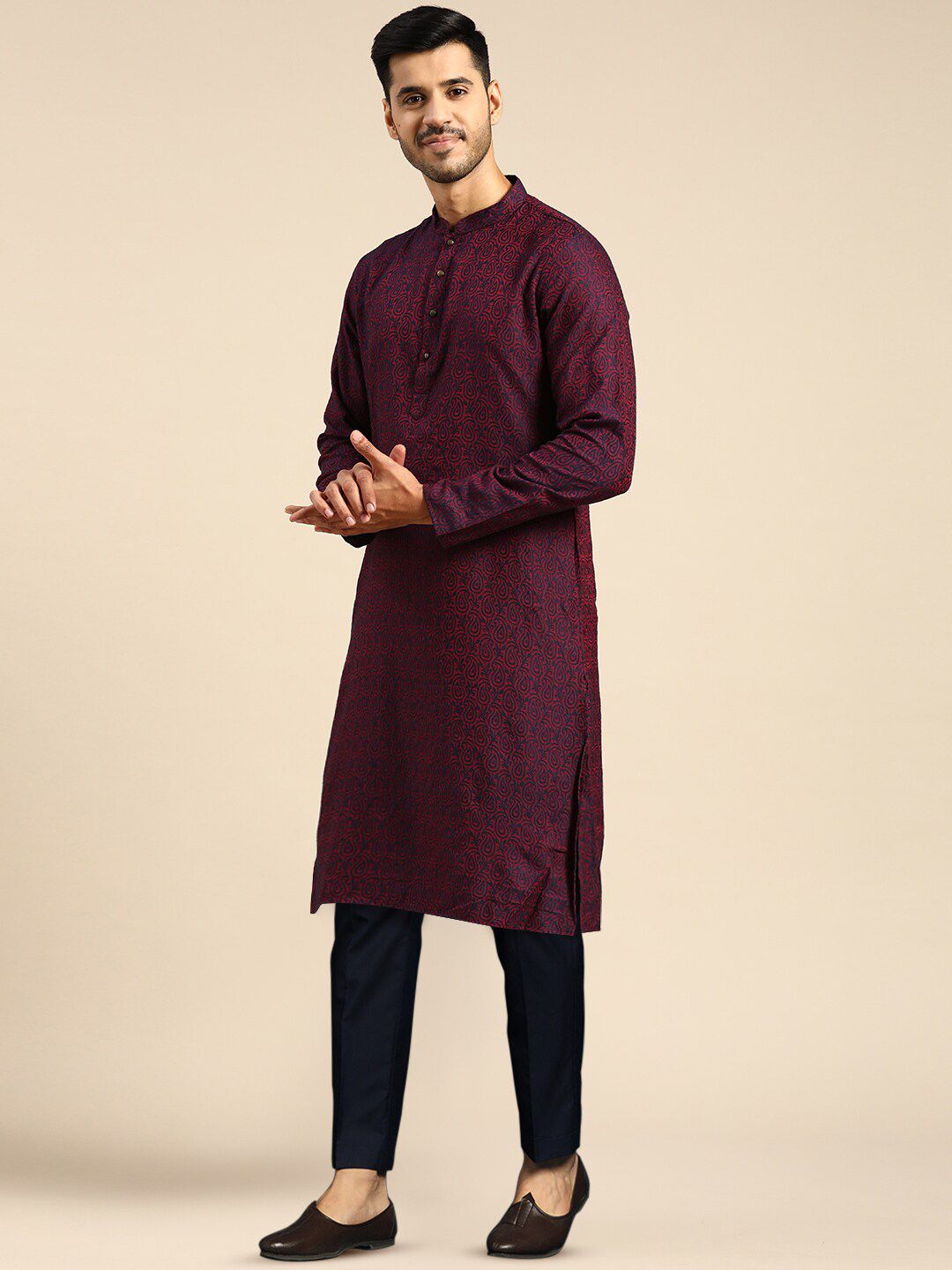 KISAH Paisely Woven Design Mandarin Collar Staright Kurta with Trousers