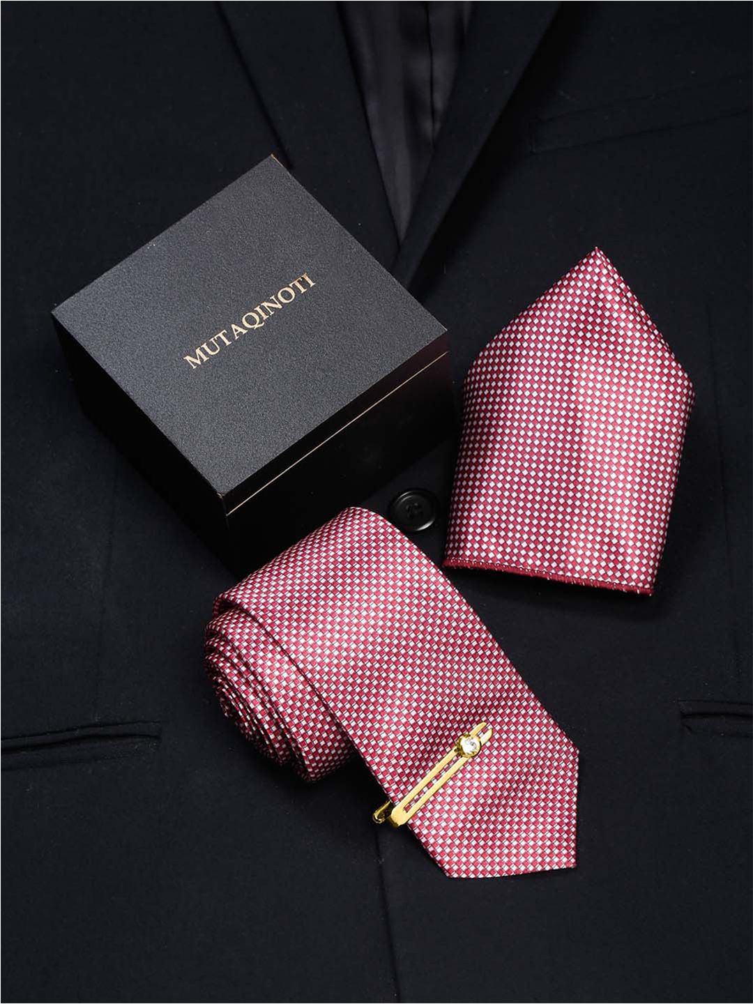 MUTAQINOTI Set Of 3 Small Checked Silk Necktie Accessory Gift Set-picture-14