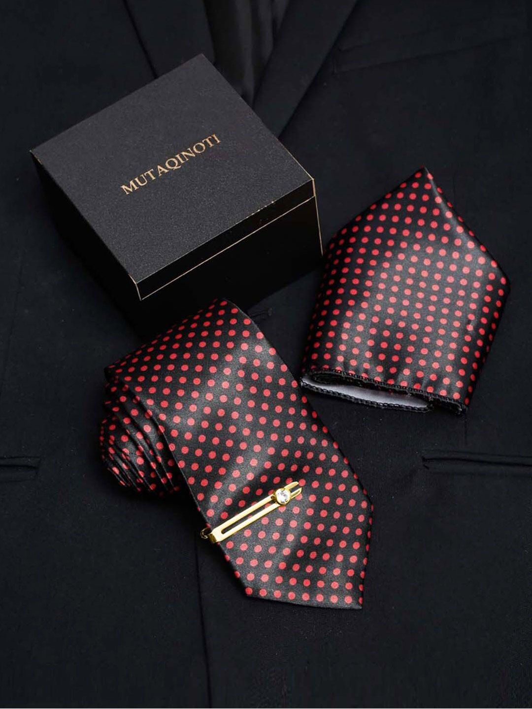 MUTAQINOTI Set Of 3 Polka Dot Printed Silk Blend Necktie Accessory Gift Set-picture-23