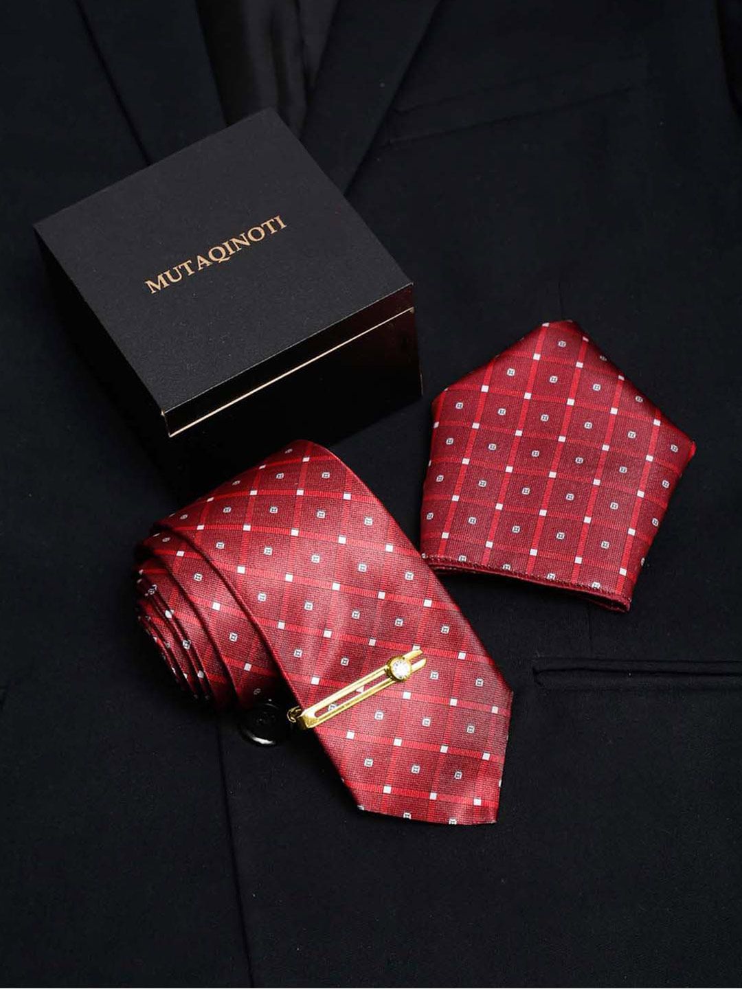 MUTAQINOTI Men Checkered Silk Formal Accessory Gift Set-picture-19