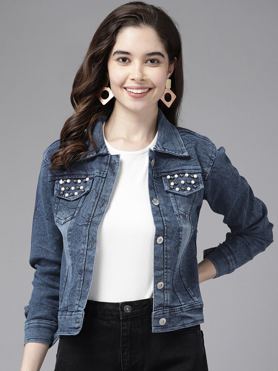 Aarika Washed Embroidered Crop Cotton Denim Jacket