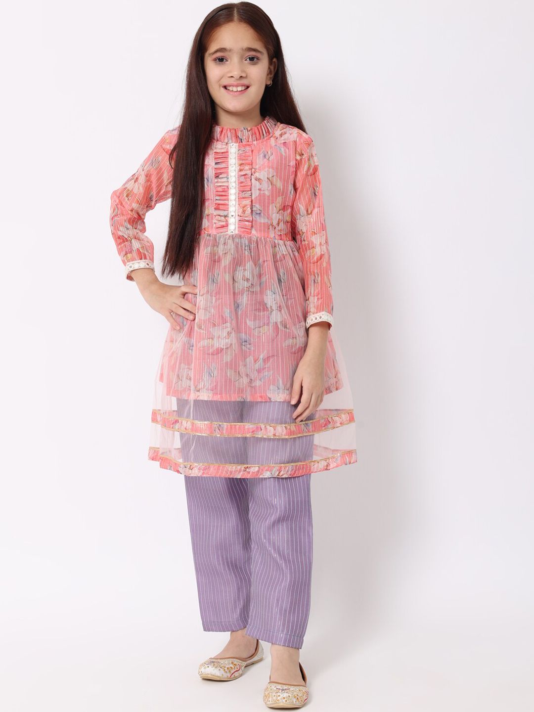 Readiprint Fashions Girls Floral Printed Pleated A-Line Mirror Work Organza Kurta Sets-picture-30