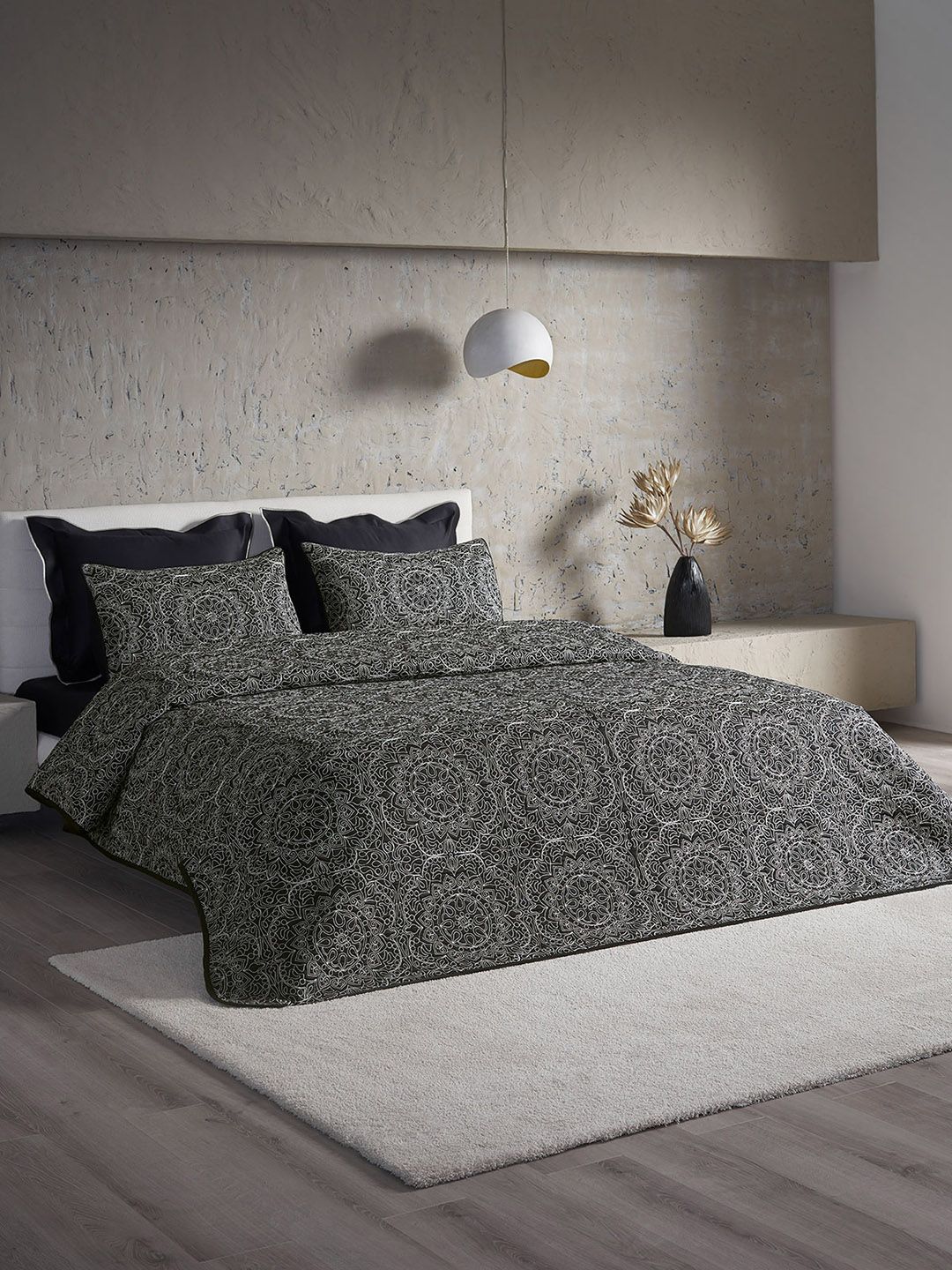 DDecor Black Embroidered Medallion Ebony Cotton 210 TC Bed Cover-image-22