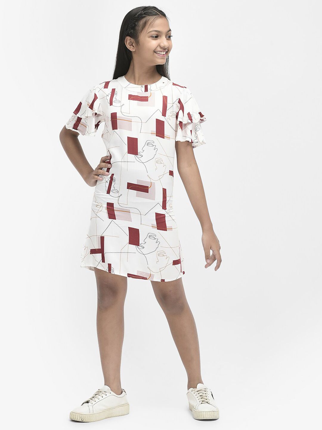 Crimsoune Club Girls Geometric Printed Round Neck Flutter Sleeve A-Line Dress-picture-16