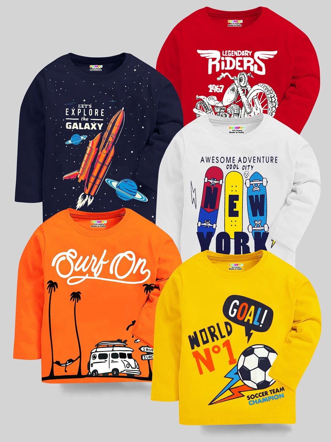 KUCHIPOO Boys Pack Of 5 Graphic Printed Cotton T-shirt-picture-31