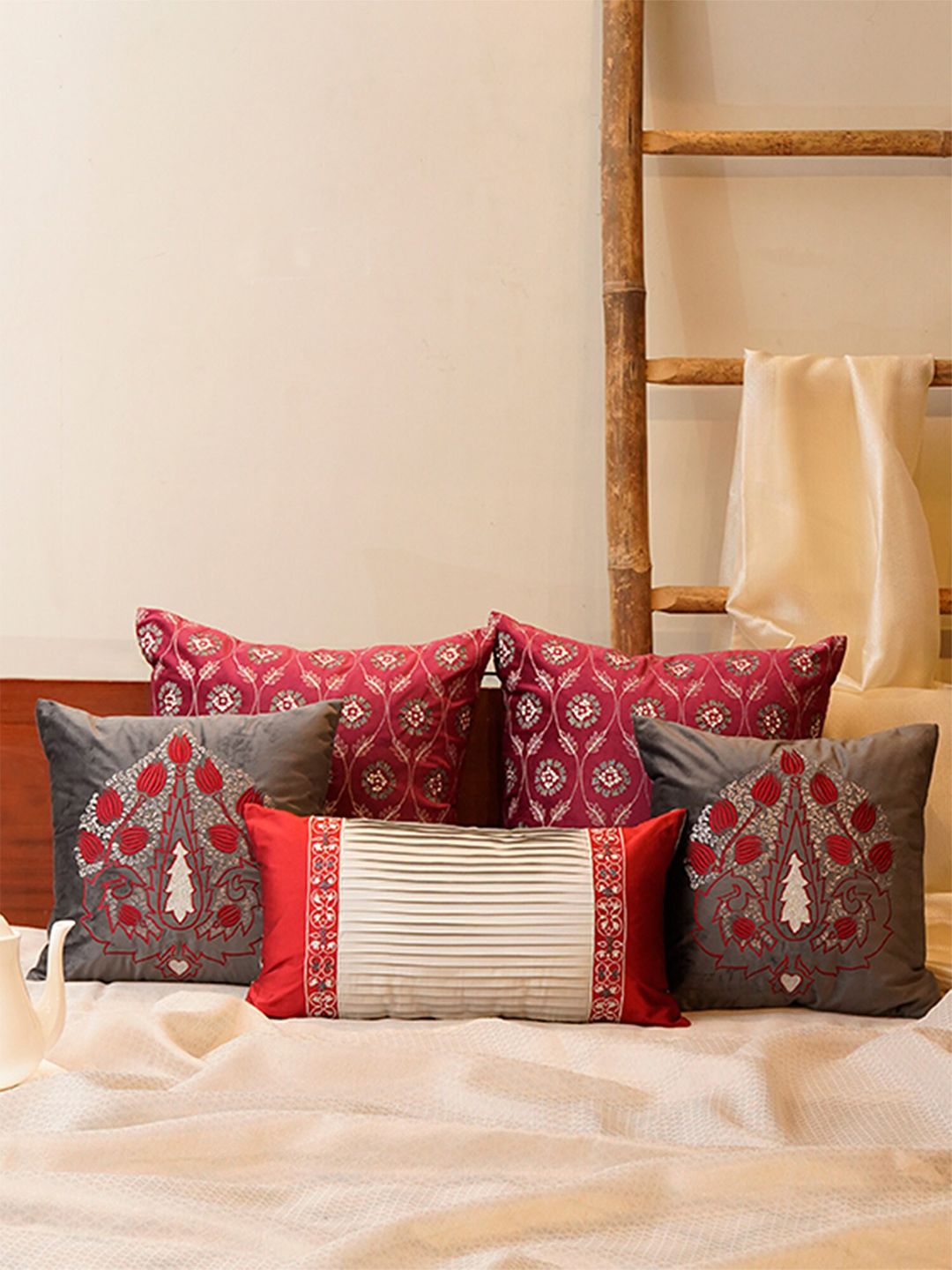 ZEBA Red & Brown 5 Pieces Ethnic Motifs Velvet Square & Rectangle Cushion Covers-image-27