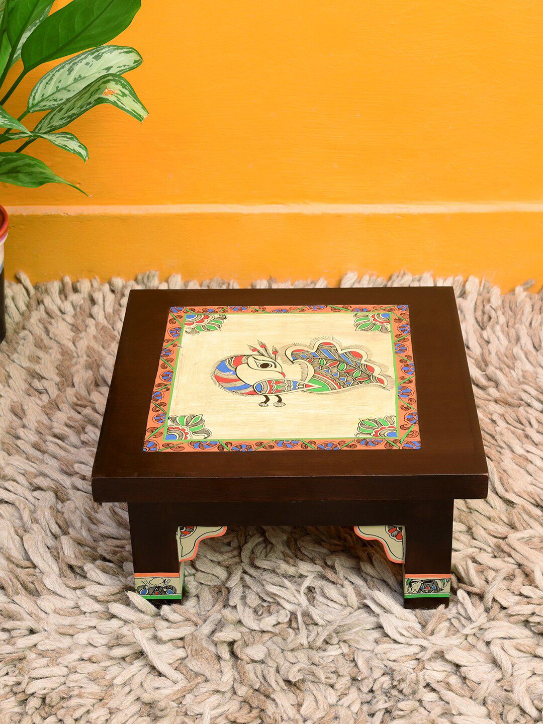 AAKRITI ART CREATIONS Beige & Brown Printed Teakwood Peacock Chowkie-picture-16