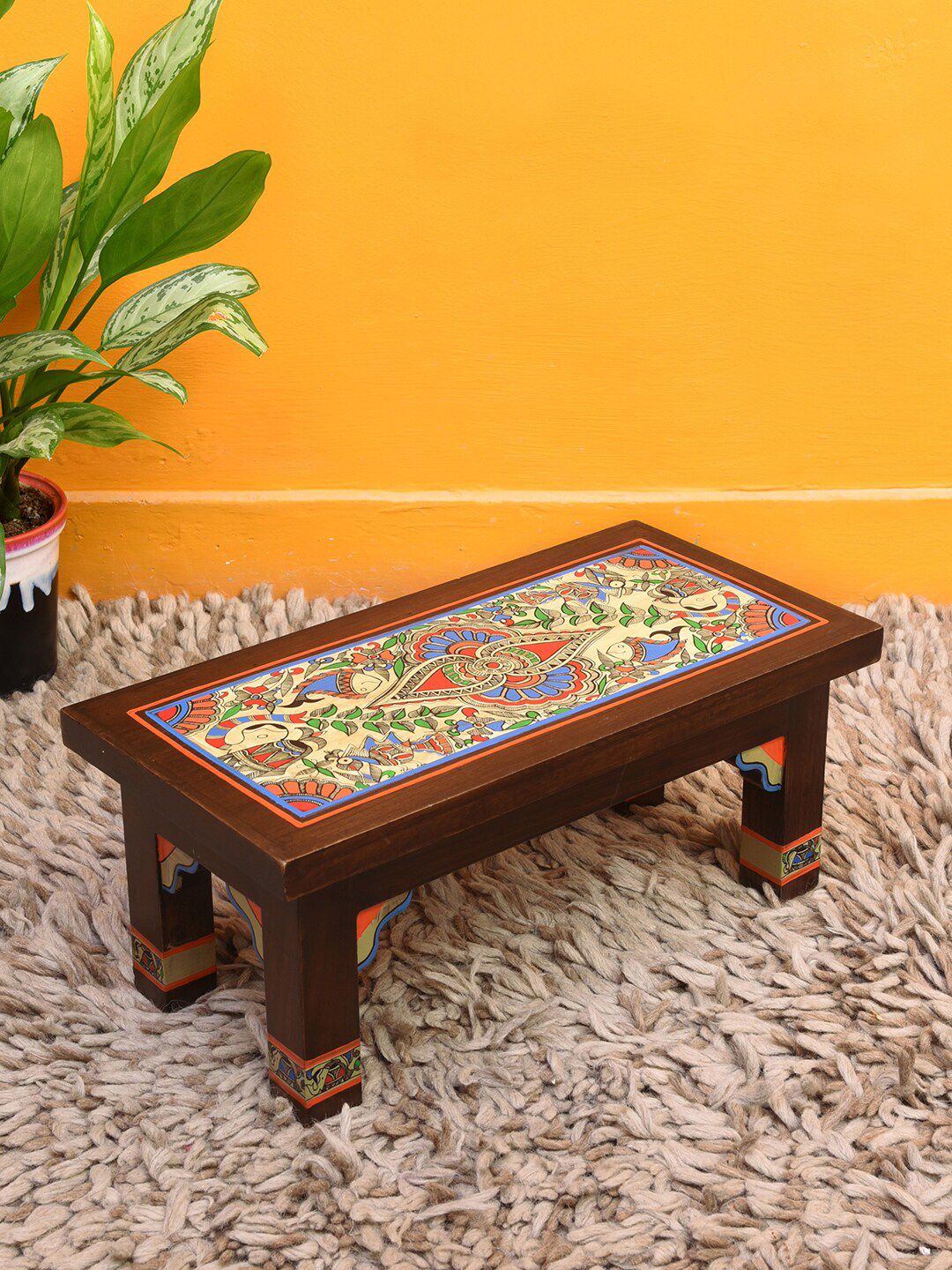 AAKRITI ART CREATIONS Brown & Red Kohbar Madhubani Printed Wood Pooja Chowki-picture-36