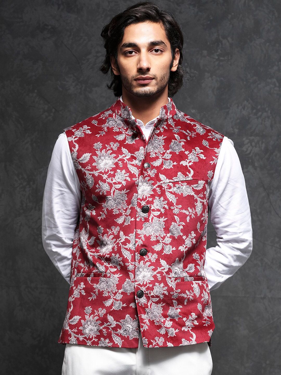 RARE RABBIT Men Camero Slim Fit Floral Printed Nehru Jacket-picture-42