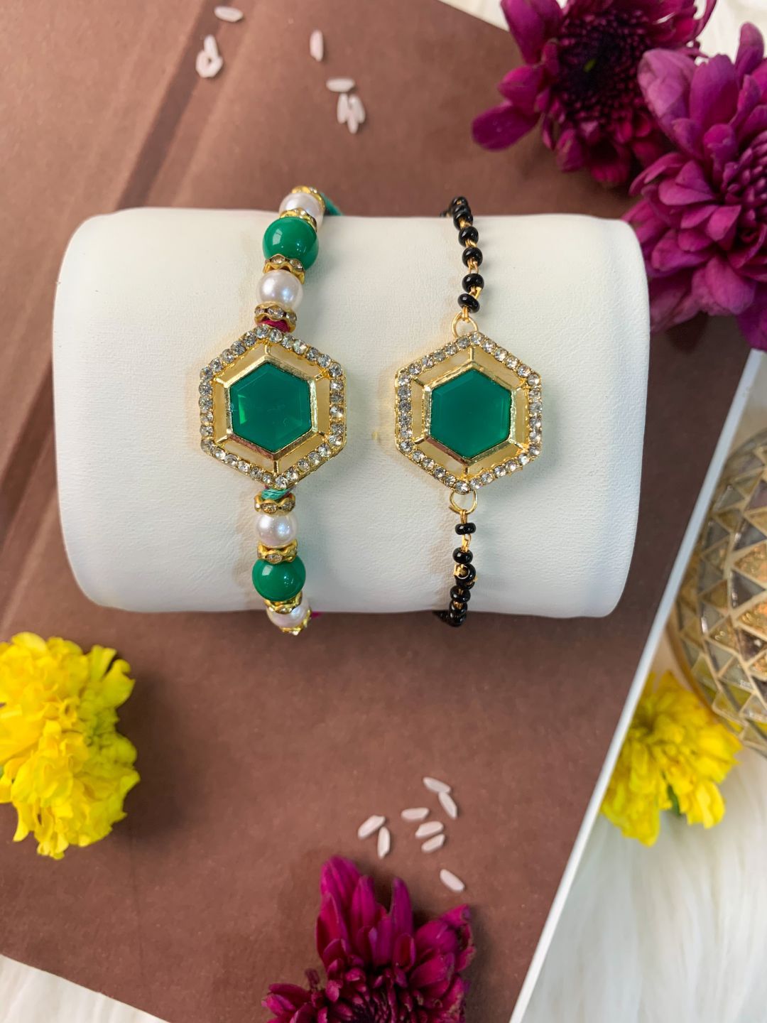 I Jewels Set Of 2 Stone Studded Bhai Bhabhi Mangalsutra Bracelet Rakhi-picture-53