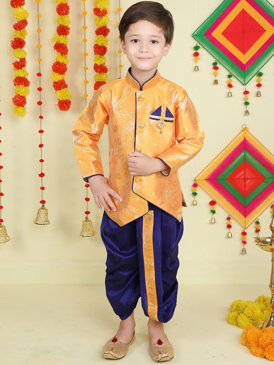 BAESD Boys Floral Woven Design Mandarin Collar Kurta With Dhoti Pants-picture-25