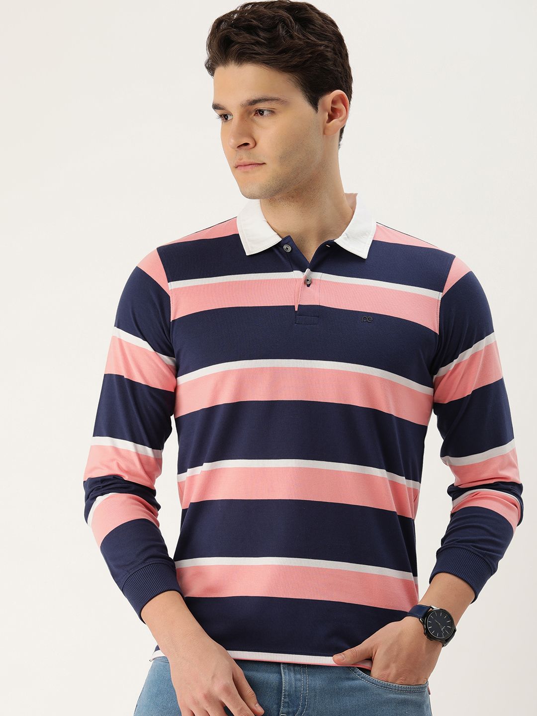 Peter England Men Striped Polo Collar Slim Fit T-shirt