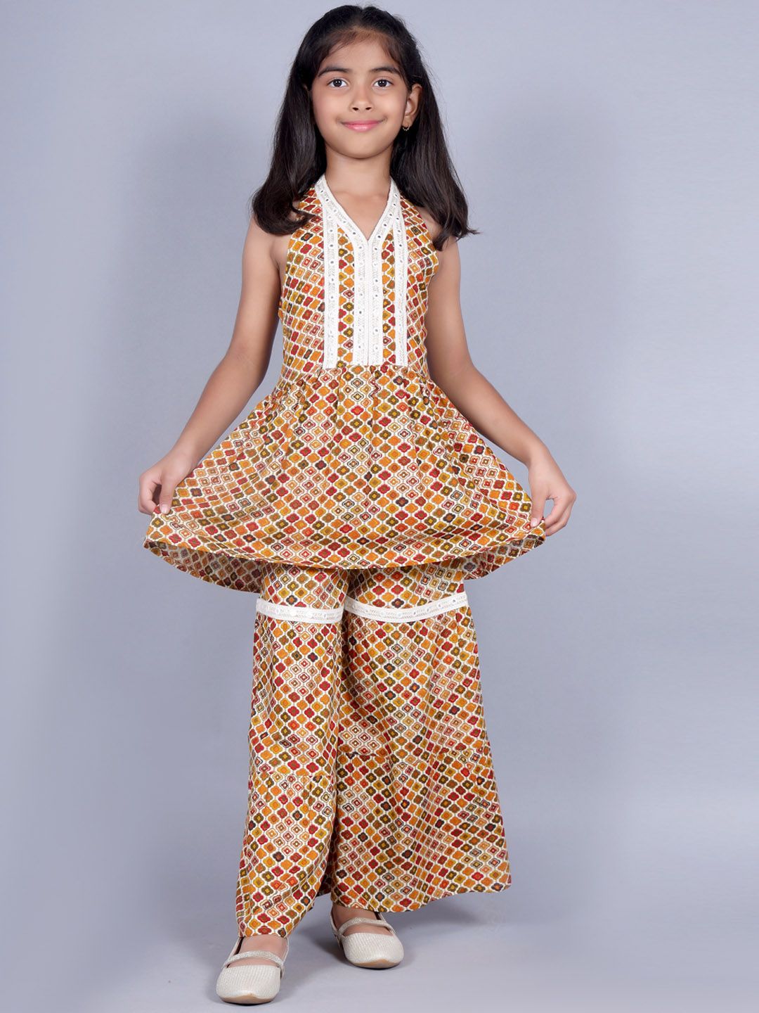 misbis Girls Halter Neck Ethnic Motif Printed Pleated Thread Work Kurta with Sharara-picture-40