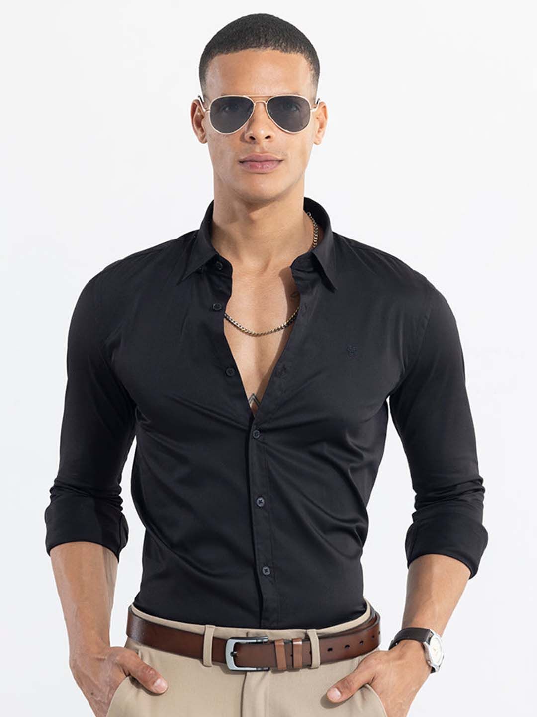 Men Slim Fit Self Design Mandarin Collar Casual Shirt