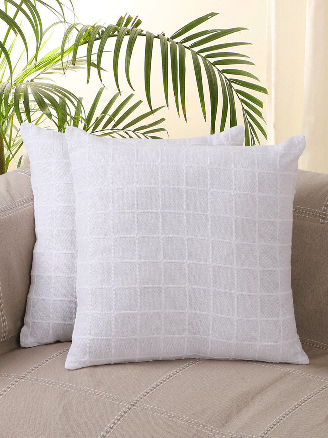 Jamio Firati White 2 Pieces Checked Pure Cotton Square Cushion Covers-picture-11