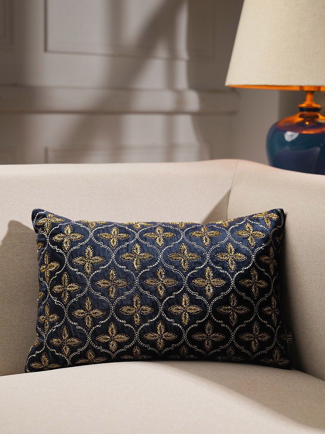 Pure Home and Living Blue & Gold-Toned Floral Embroidered Rectangle Cushion Cover-picture-29