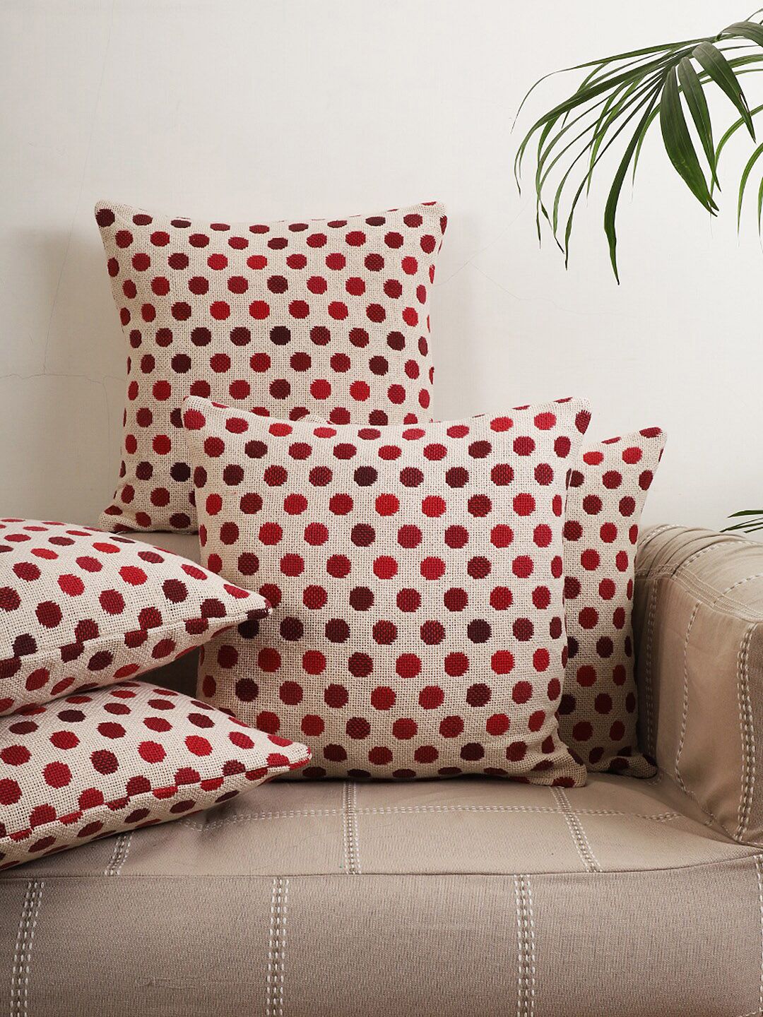 Jamio Firati Beige & Red 5 Pieces Polka Dot Square Cotton Cushion Covers-image-49