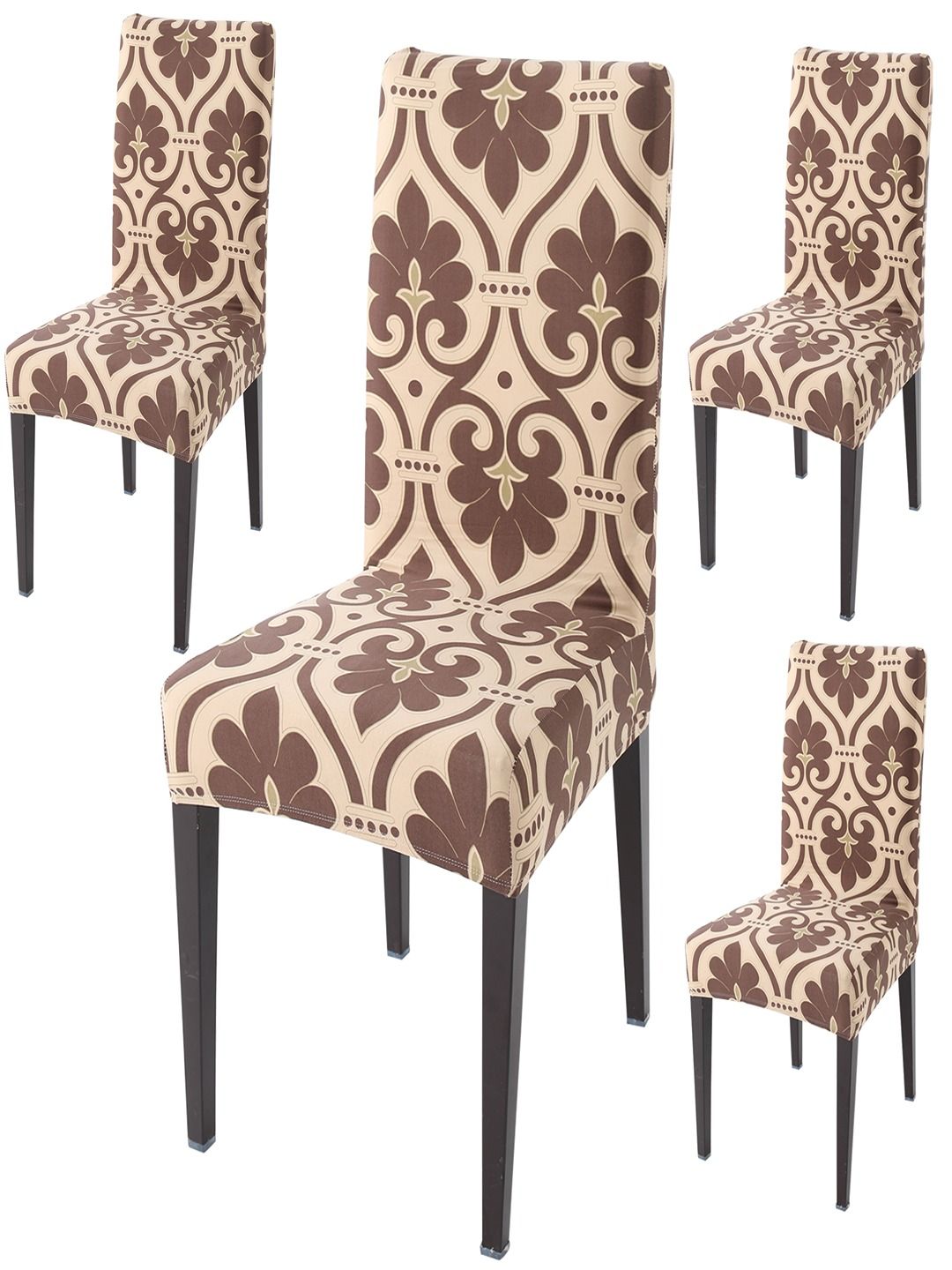 HOKIPO 4 Pieces Beige & Brown Printed Stretchable Chair Covers-picture-32