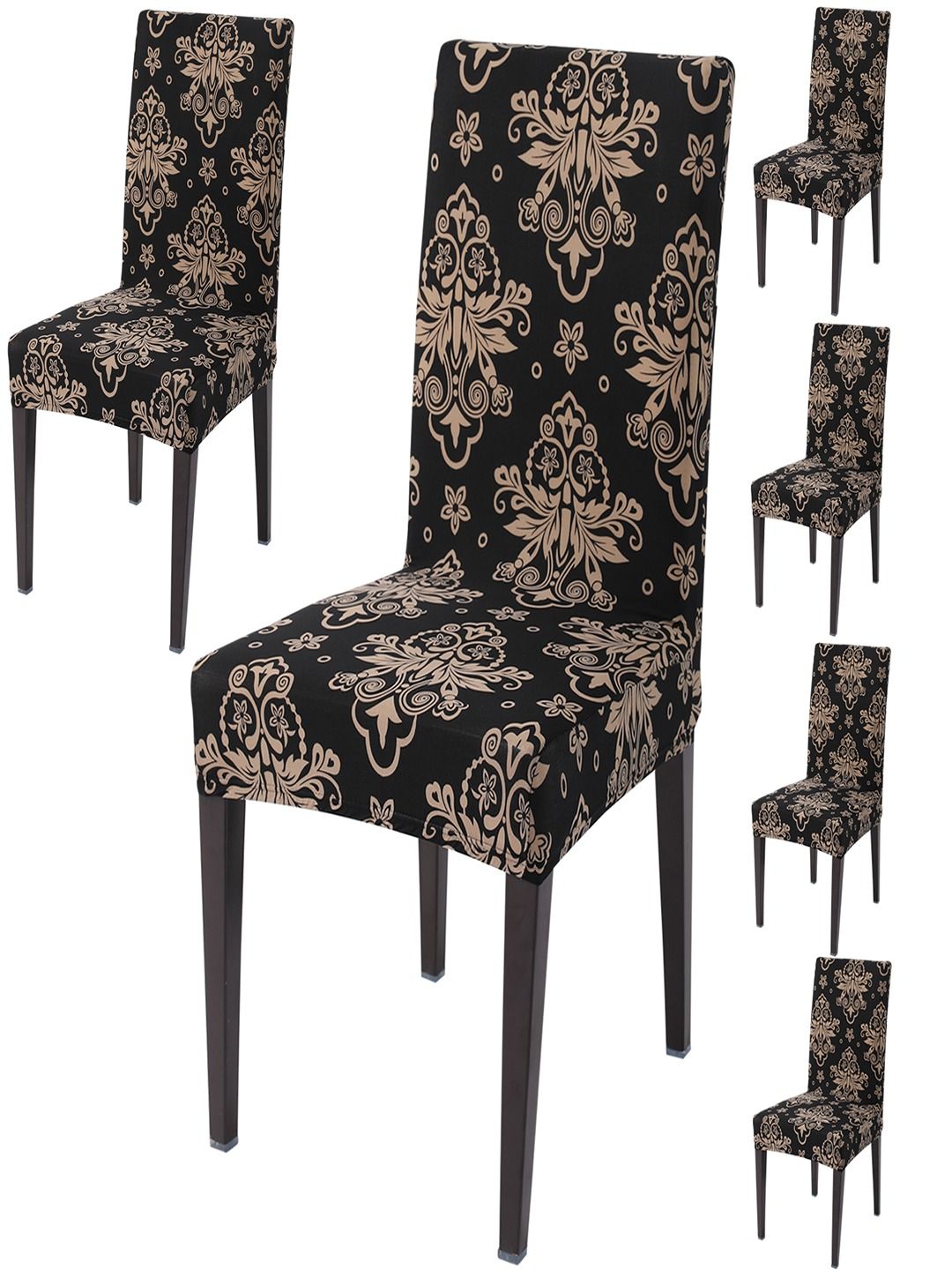 HOKIPO 6 Pcs Black & Brown Printed Stretchable Chair Covers
