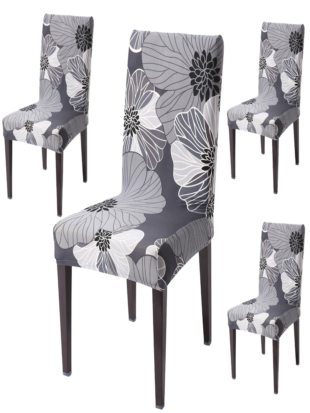 HOKIPO Grey & Black 4 Pieces Floral-Printed Stretchable Chair Covers-picture-36