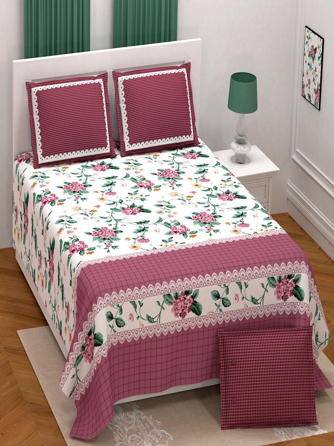 UNIQCHOICE Pink & White Floral Pure Cotton 180 TC King Bedsheet With 2 Pillow Covers-picture-14