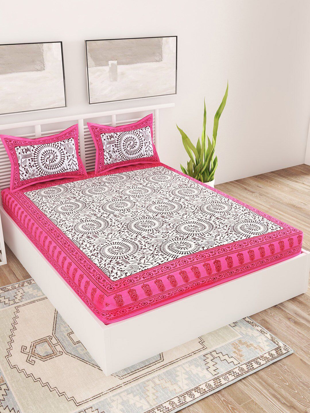 UNIQCHOICE Pink & White Ethnic Motifs 120 TC Queen Bedsheet with 2 Pillow Covers-picture-20