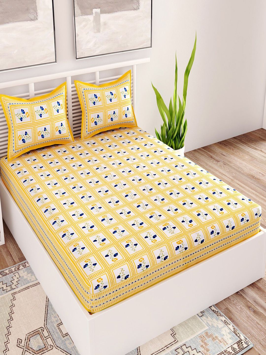 UNIQCHOICE Yellow & White Printed Cotton 120 TC Queen Bedsheet with 2 Pillow Covers-picture-16
