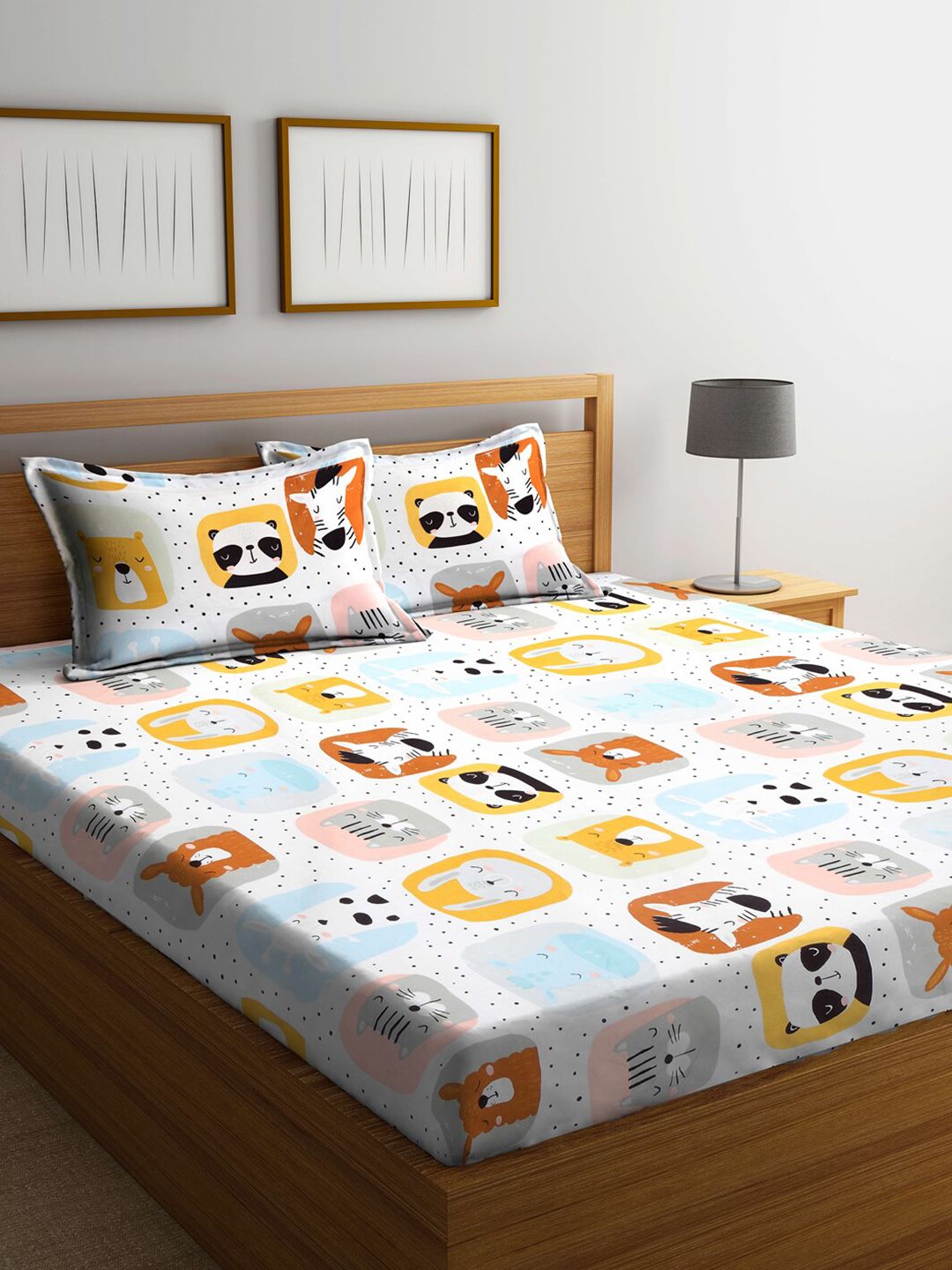 KLOTTHE Kids White & Yellow Printed 300 TC Double Bedsheet With 2 Pillow Covers-image-43