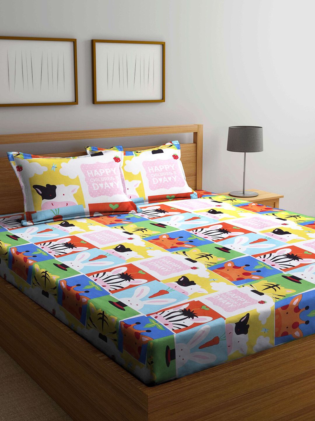 KLOTTHE Kids Pink & Blue Printed 300TC Fitted King Bedsheet With 2 Pillow Covers-image-29