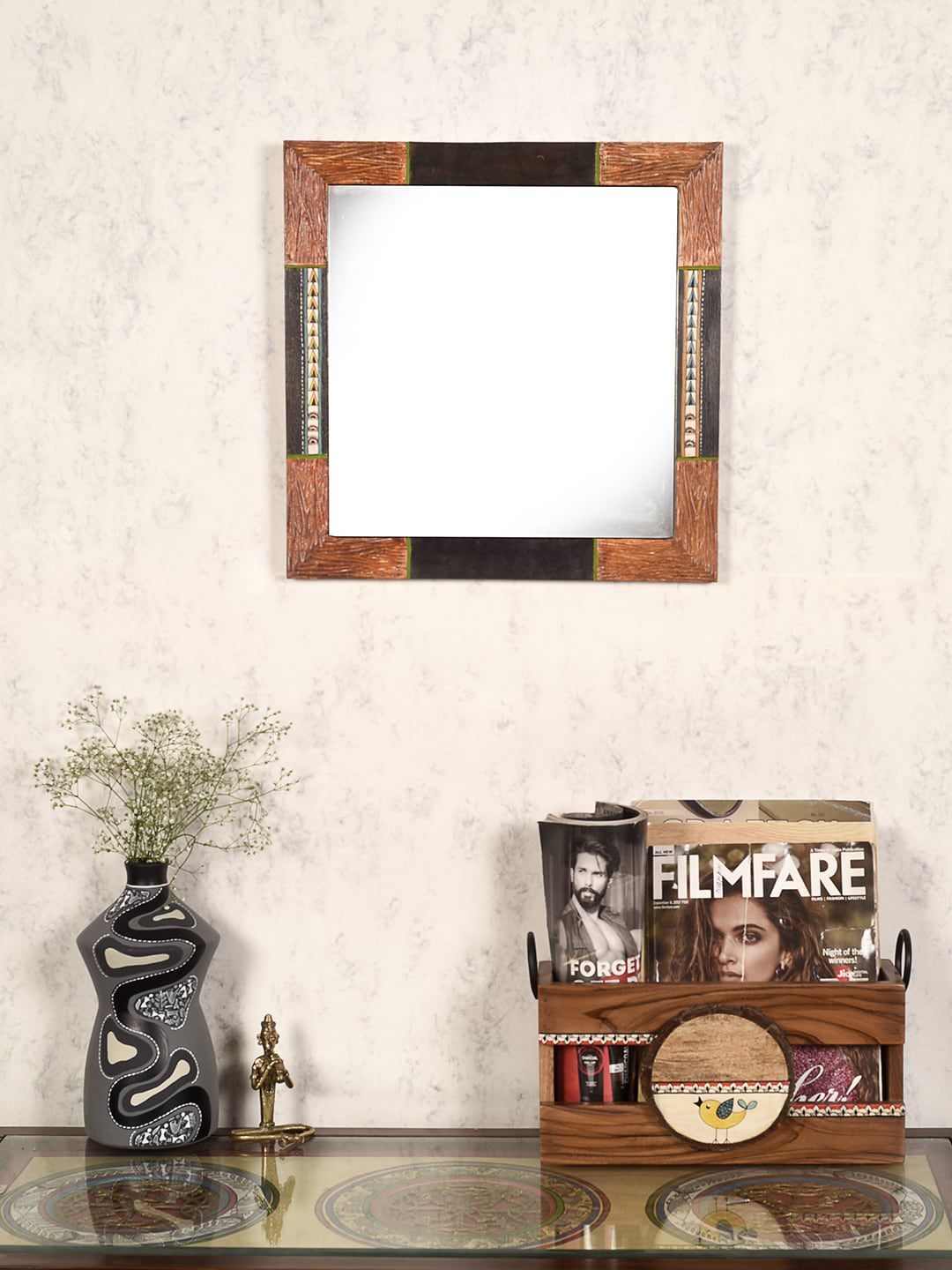AAKRITI ART CREATIONS Orange Wooden Square Mirror-picture-34