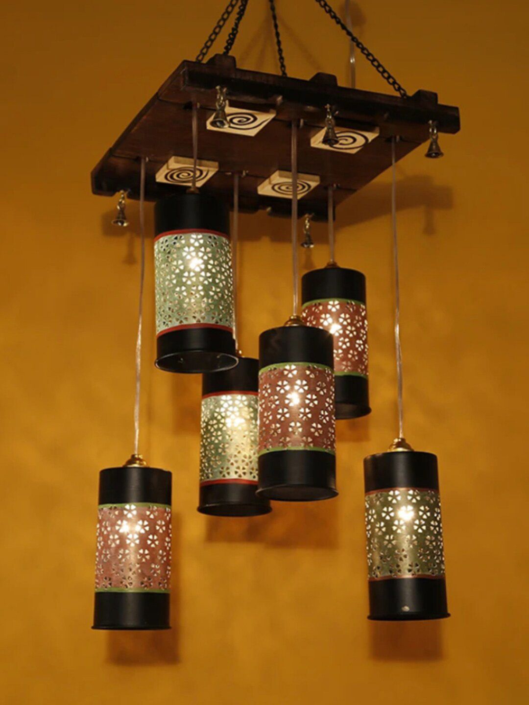 AAKRITI ART CREATIONS Brown Printed Cylinder-Shaped Metal Ceiling Lamp-image-36