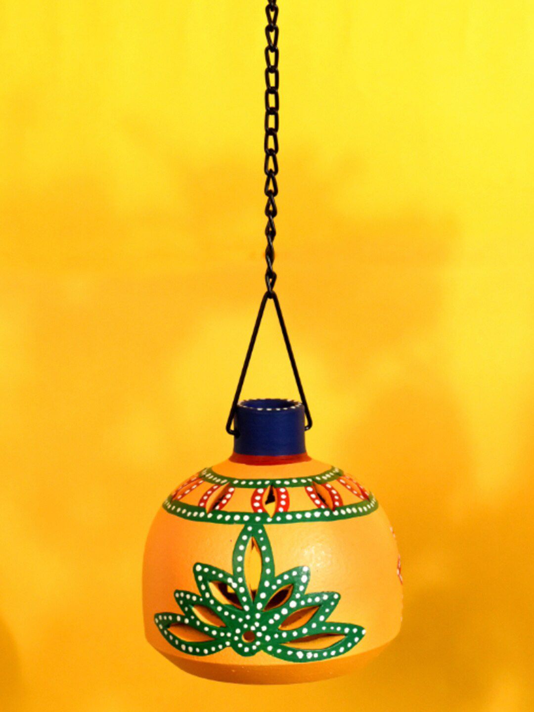 AAKRITI ART CREATIONS Yellow Terracotta Printed Matki Hanging Tea Light-picture-29