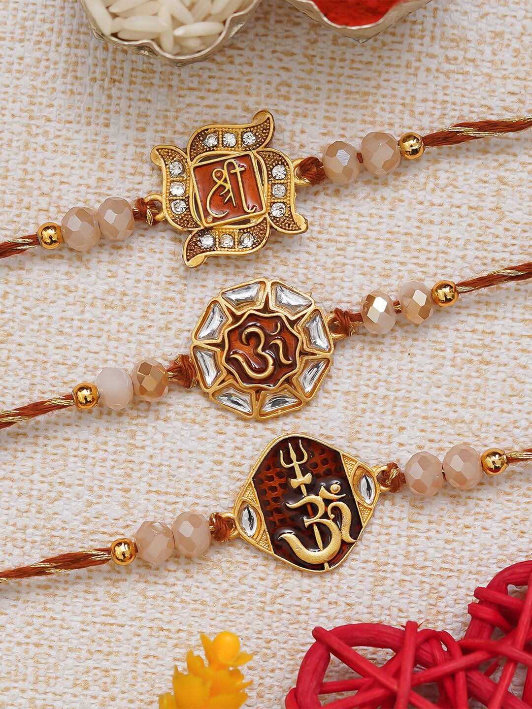 eCraftIndia Unisex Set Of 3 Pearl Beaded Om & Shree Charm Rakhi-picture-33