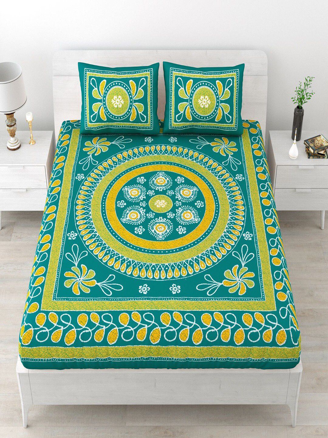 UNIQCHOICE Turquoise Blue Ethnic Motifs Cotton 120 TC Queen Bedsheet with 2 Pillow Covers-picture-21