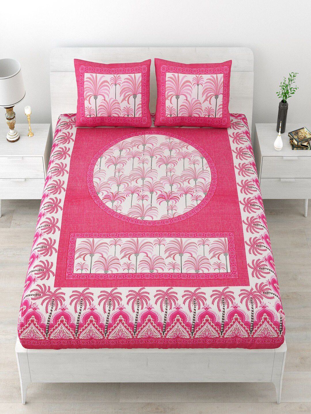UNIQCHOICE Pink & White Floral Pure Cotton 120 TC Queen Bedsheet With 2 Pillow Covers-picture-18