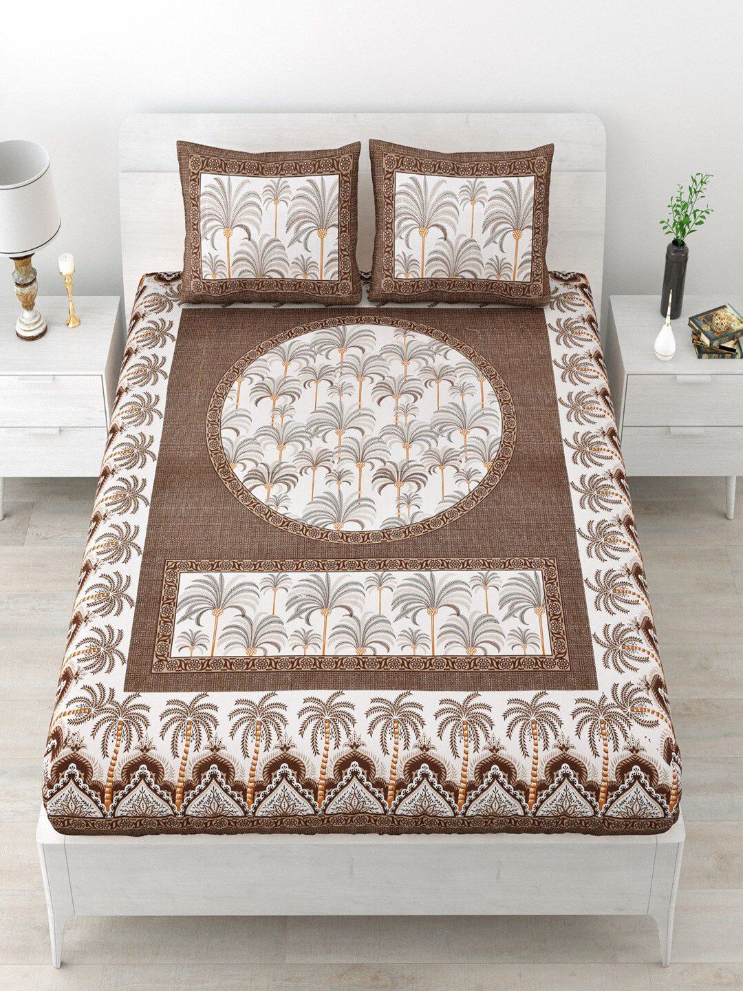 UNIQCHOICE Brown & White Ethnic Motifs Pure Cotton 120 TC Queen Bedsheet & 2 Pillow Covers-picture-26