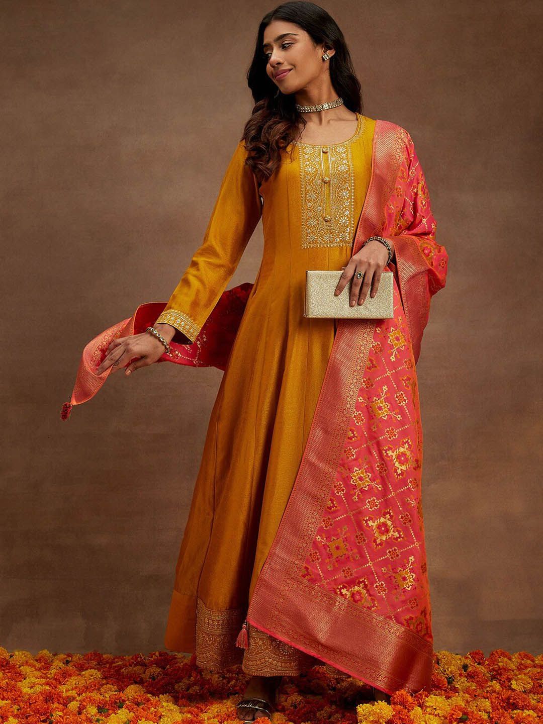 Libas Mustard Yellow Floral Yoke Design Anarkali Kurta with Trousers