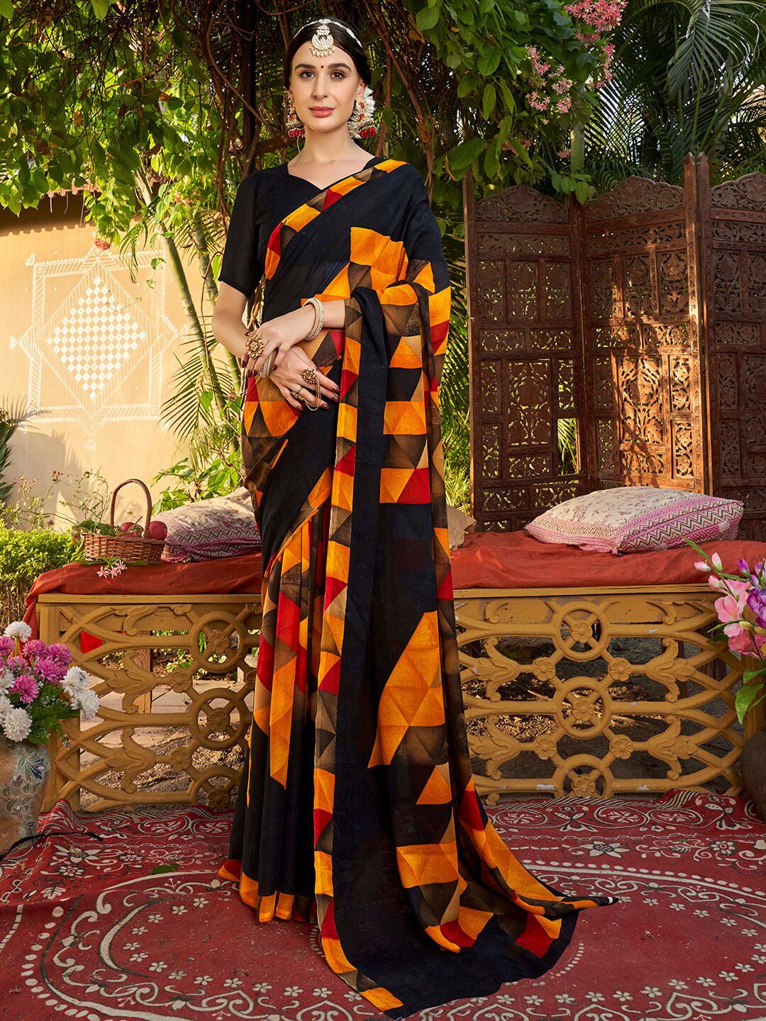anouk rustic Anouk Black & Yellow Geometric Printed Saree-picture-26