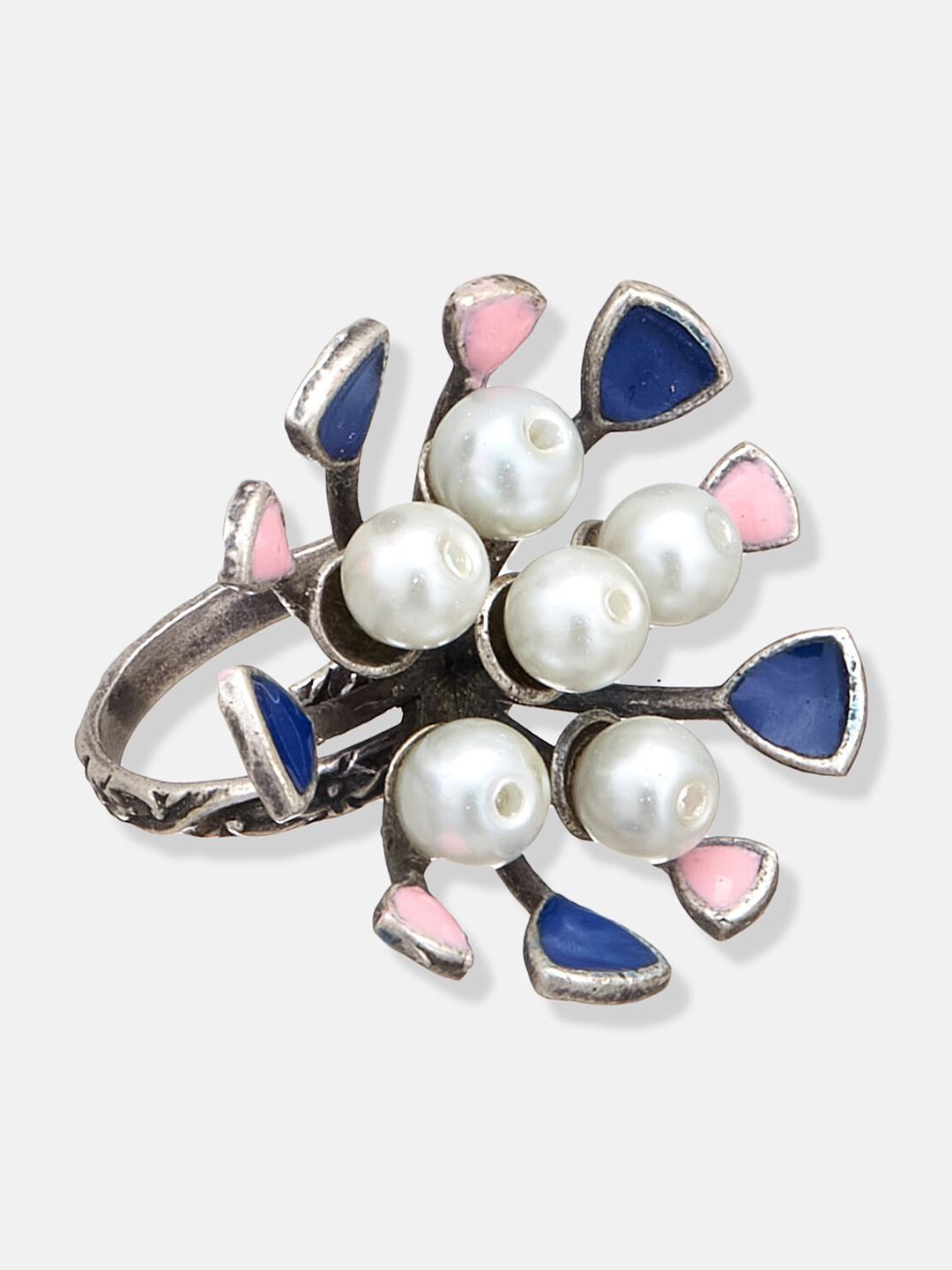 ATIBELLE Silver-Plated Stone Studded & Floral Shaped Adjustable Finger Ring