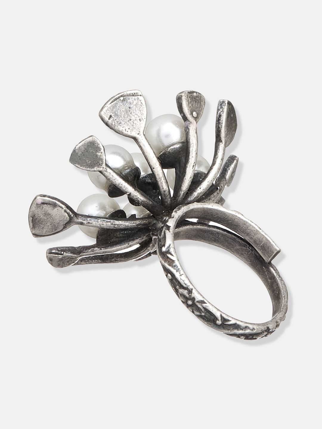 ATIBELLE Silver-Plated Stone Studded & Floral Shaped Adjustable Finger Ring