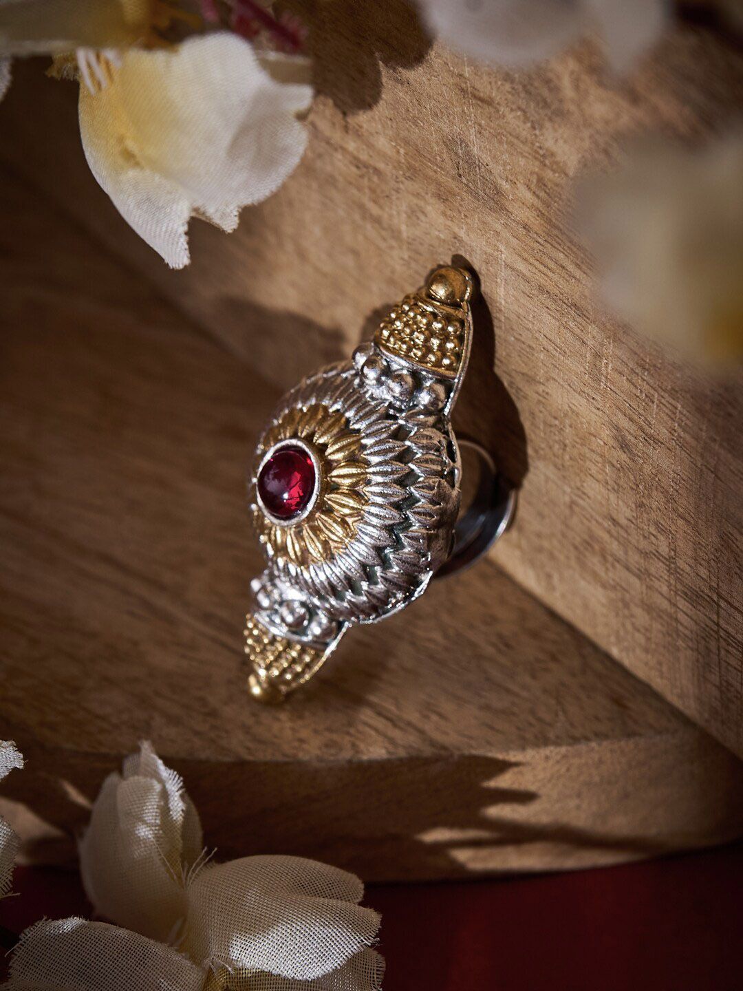 ATIBELLE Gold-Plated Ruby Stone-Studded Adjustable Finger Ring