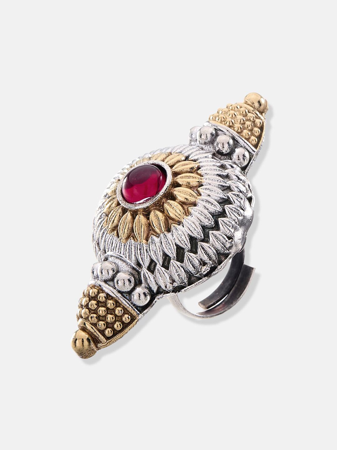 ATIBELLE Gold-Plated Ruby Stone-Studded Adjustable Finger Ring