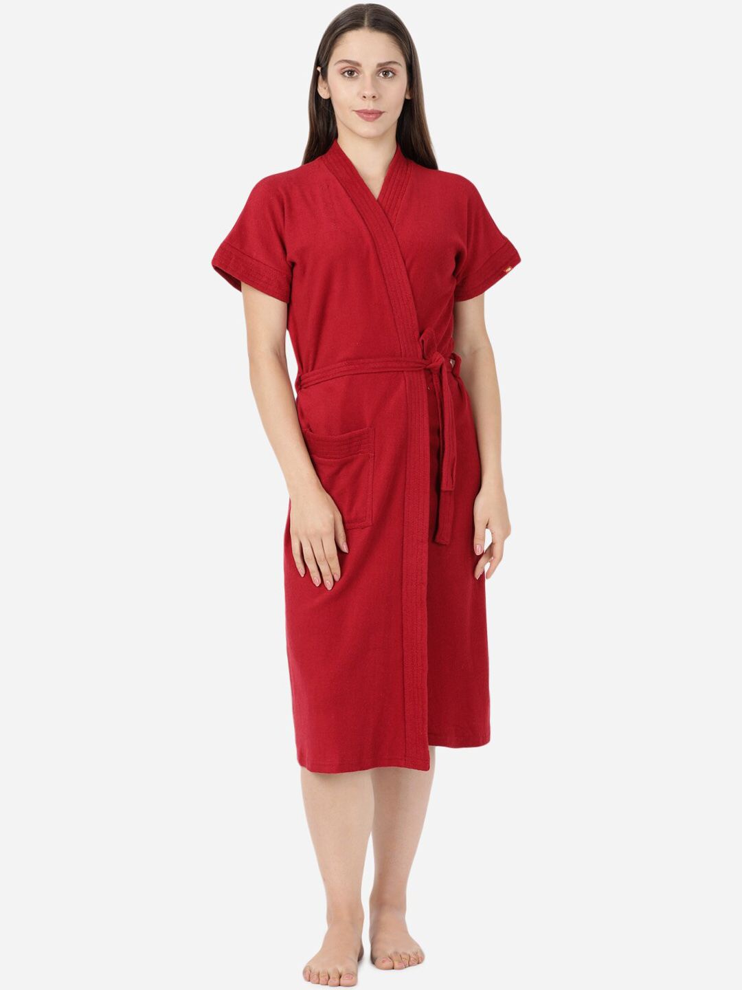 GOLDSTROMS Maroon Tie-Up Detail Cotton Bath Robe-image-21