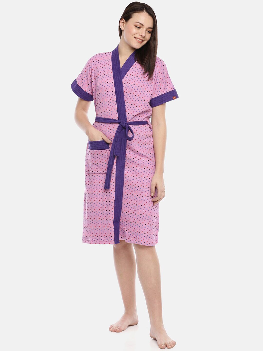 GOLDSTROMS Pink Printed Tie-Up Detail Cotton Bath Robe-picture-38