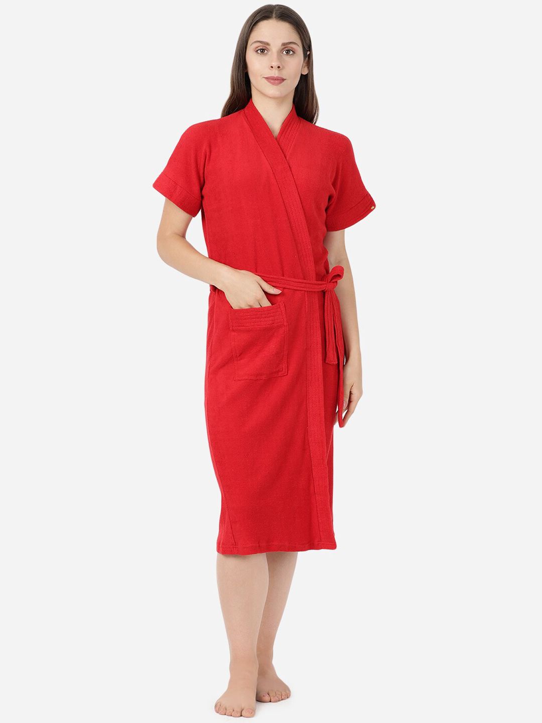 GOLDSTROMS Red Cotton Knee Length Tie-Up Detail Bath Robe-picture-28